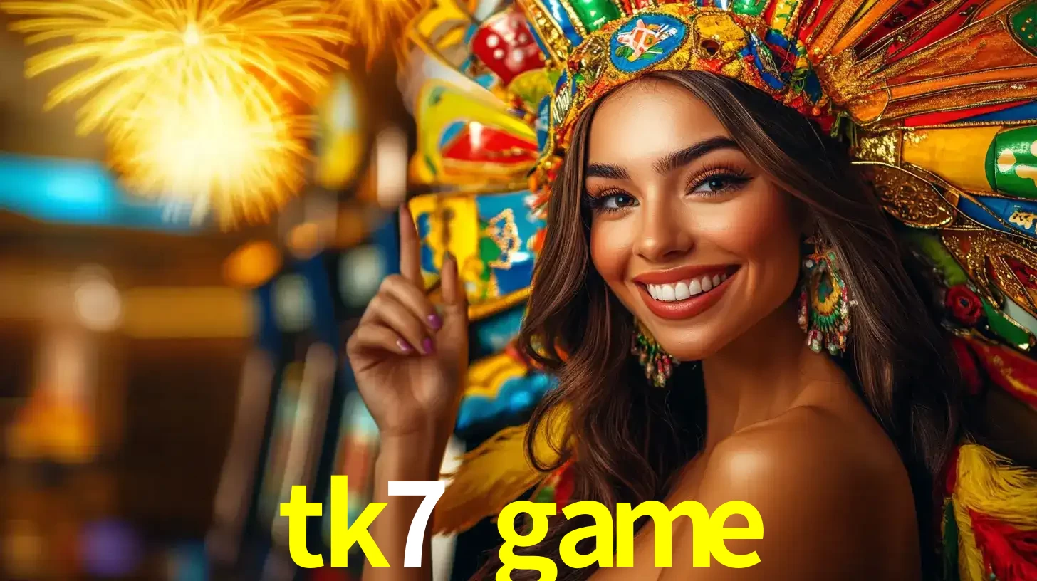 Mulher sorridente com um cocar de carnaval vibrante e colorido, celebrando uma grande vitória nos jogos do cassino tk7 game com fogos de artifício ao fundo.