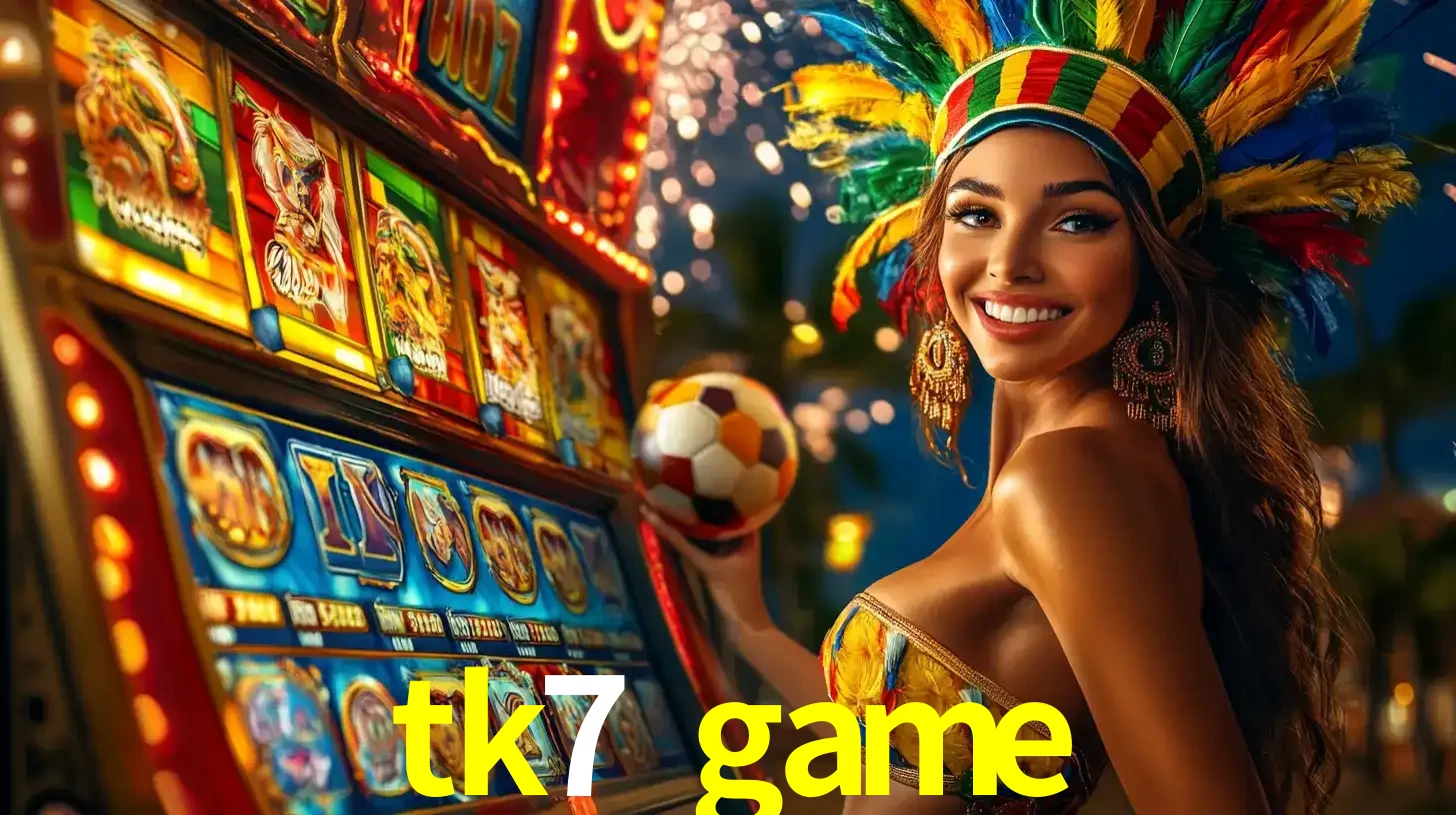 Mulher com um cocar de carnaval ao lado de uma máquina de caça-níqueis enquanto segura uma bola de futebol, mostrando a união da diversão de cassino e esportes no tk7 game.