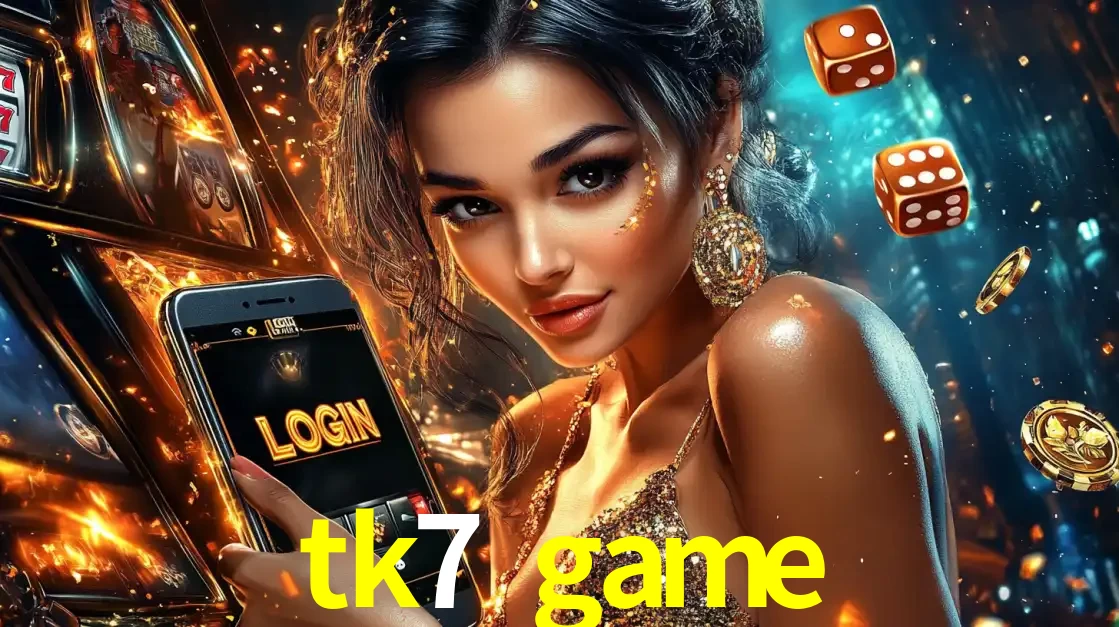 Mulher glamourosa segurando um celular com a tela de login do cassino tk7 game, rodeada por dados e moedas douradas, pronta para começar a diversão.