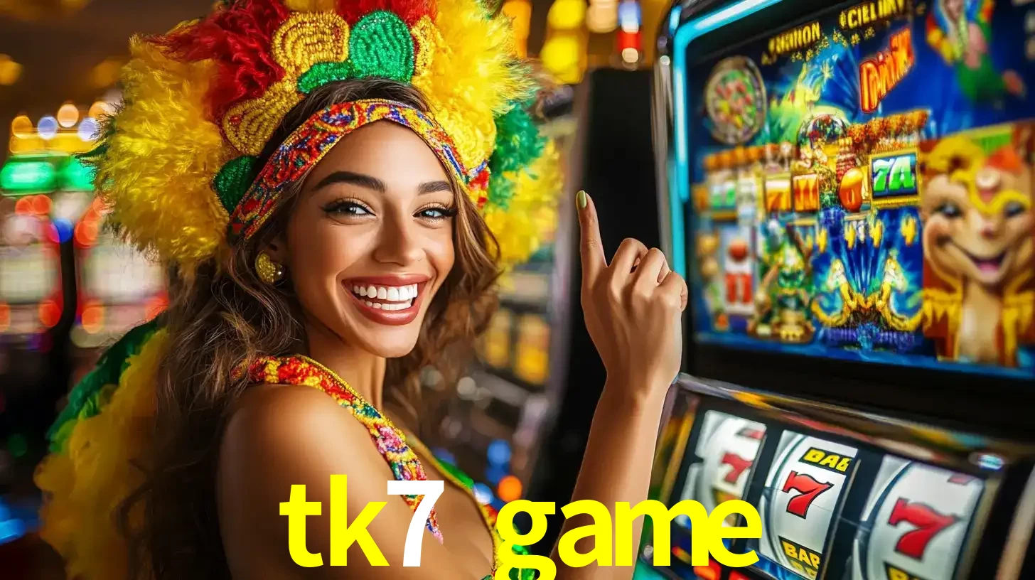 Mulher animada com um cocar de carnaval apontando para uma máquina de caça-níqueis, mostrando a emoção de ganhar um grande prêmio nos jogos do tk7 game.