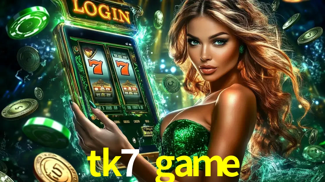 Mulher com tema verde apresentando o aplicativo do cassino tk7 game com um jogo de slot de 777, cercada por fichas de cassino e uma aura de sorte.