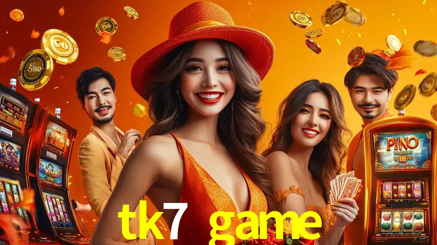 Grupo de amigos asiáticos sorrindo e se divertindo com máquinas de caça-níqueis em um ambiente festivo, celebrando suas vitórias nos jogos de cassino do tk7 game.