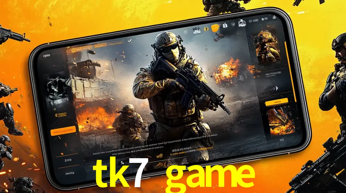 Um smartphone exibindo a interface de um jogo de tiro em primeira pessoa, com um soldado em um cenário de batalha, representando a ação dos e-sports para apostar no tk7 game.