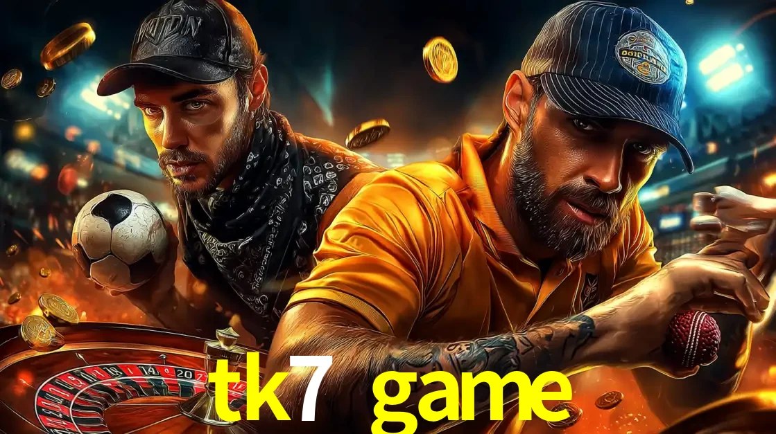 Montagem de apostas esportivas e cassino no tk7 game, com um homem segurando uma bola de futebol e outro uma de beisebol sobre uma roleta e moedas voadoras.