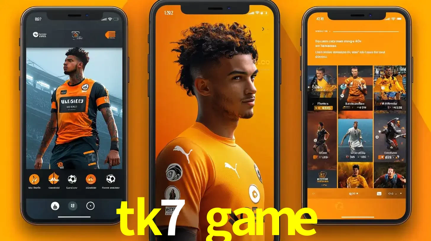 Interface do aplicativo de apostas esportivas tk7 game em três telas de celular, mostrando o perfil de um jogador de futebol e a lista de jogos disponíveis para apostar.