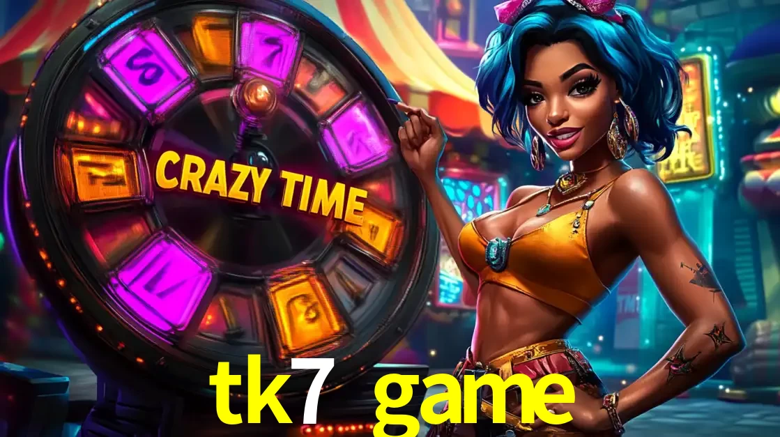 Mulher estilizada com cabelo azul e visual vibrante posando ao lado da roda de prêmios do game show Crazy Time, convidando para a diversão e os bônus do cassino tk7 game.