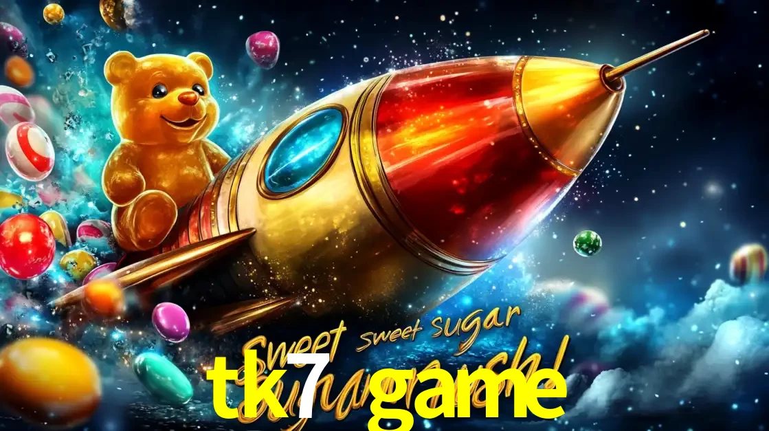 Arte promocional do jogo de slot Sugar Rush, com um urso de pelúcia em um foguete viajando pelo espaço de doces, um dos jogos divertidos disponíveis no cassino tk7 game.