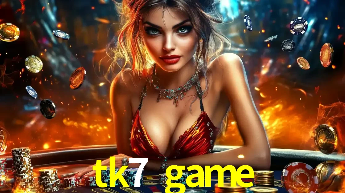 Mulher em uma mesa de cassino com pilhas de fichas e um fundo de fogo, pronta para uma rodada de altas apostas nos jogos de mesa emocionantes do cassino tk7 game.