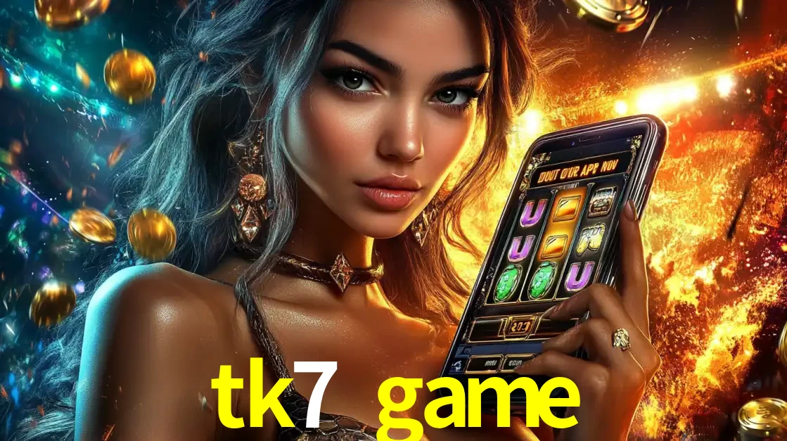 Mulher elegante mostrando um jogo de caça-níqueis em seu smartphone, destacando a experiência de cassino móvel oferecida pelo aplicativo tk7 game.
