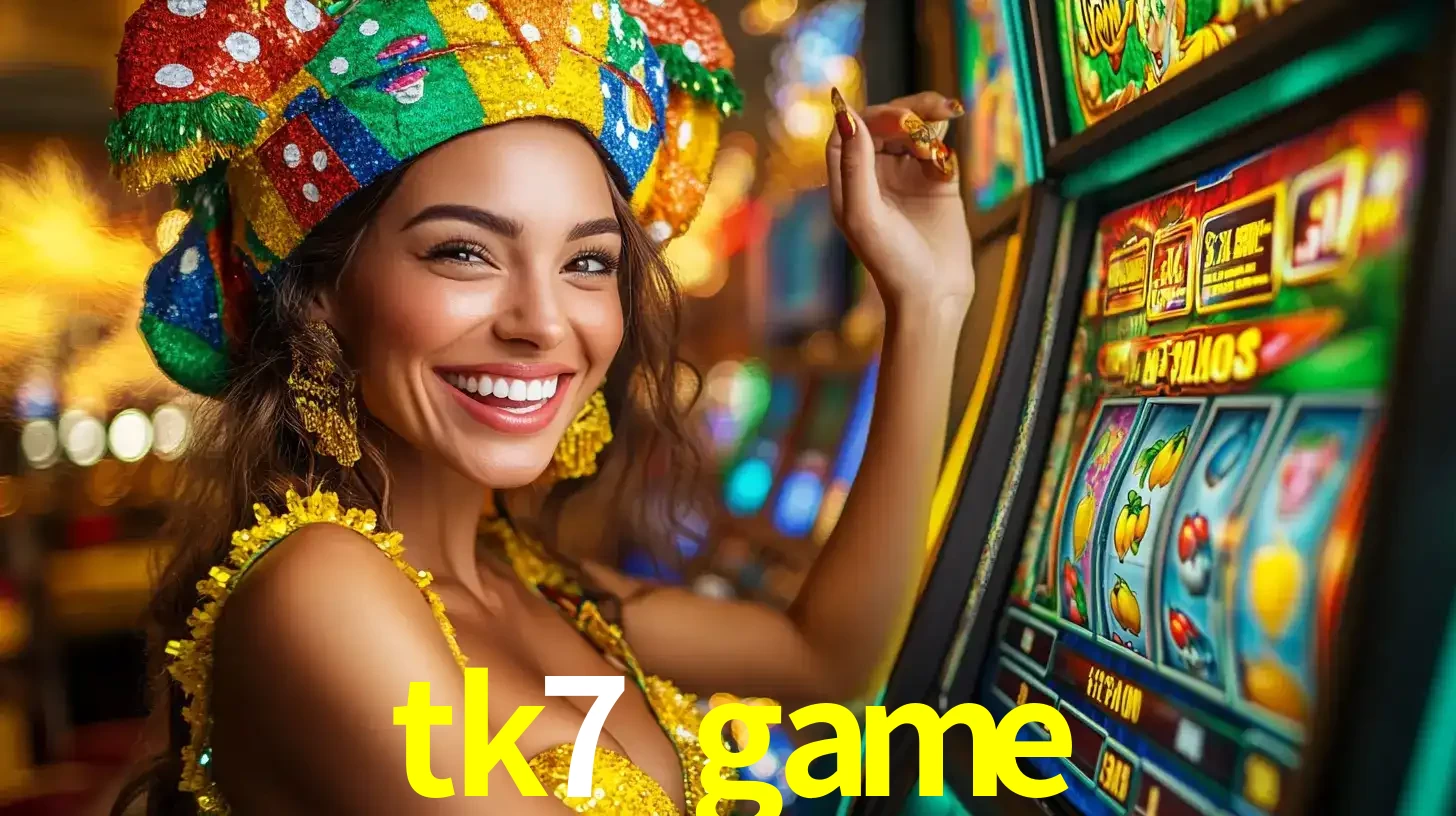 Mulher feliz com traje de carnaval amarelo e colorido ao lado de uma máquina de caça-níqueis, aproveitando a diversão e os jogos temáticos do cassino tk7 game.
