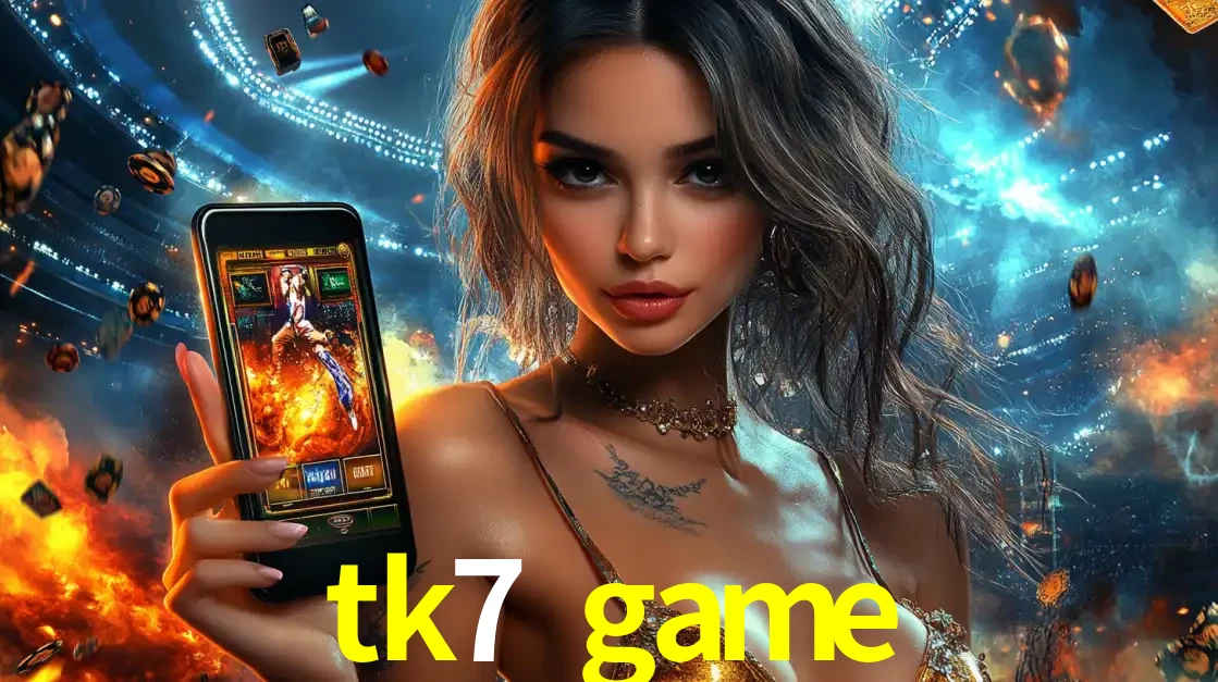 Mulher segurando um celular com um jogo de slot em destaque, tendo como fundo um estádio vibrante, simbolizando a emoção de jogar no cassino móvel tk7 game.