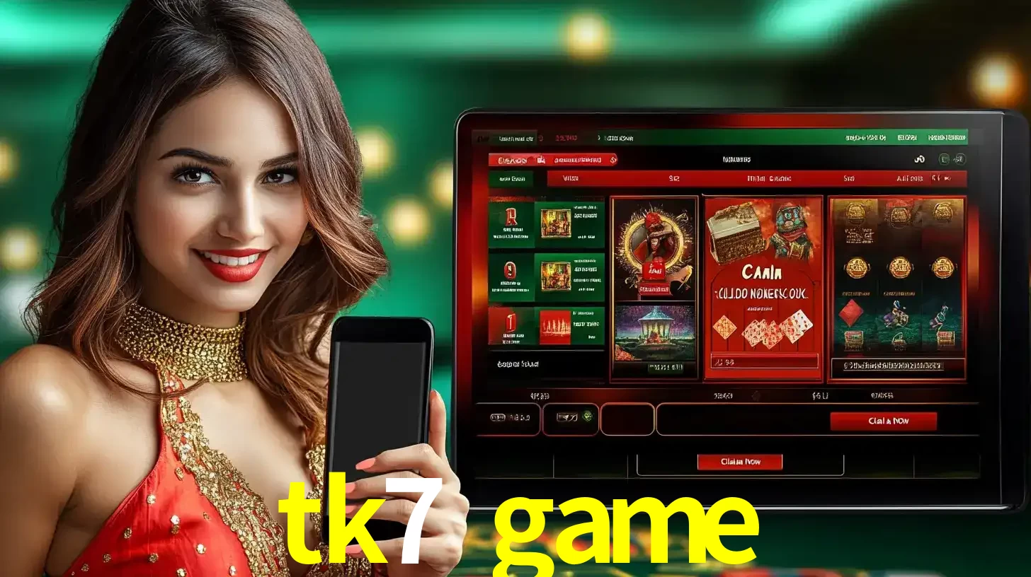 Mulher sorridente segurando um smartphone, ao lado de uma tela exibindo o lobby de jogos do cassino online tk7 game, com várias opções de jogos de cartas e slots.